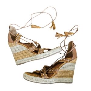 Anni Sitka Tan and White Espadrille Wedge Sandals with Studded Straps